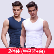 簡(jiǎn)云 2件純棉背心男士健身運動(dòng)薄款無(wú)袖t恤外穿吊帶坎肩打底汗衫夏季 白色+牛仔藍 XL 【適合130-150斤】