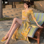 皮爾卡丹（pierre cardin）金黃色戰(zhàn)袍花卉法式風(fēng)情裹身度假長(zhǎng)裙純欲氛圍感海邊沙灘連衣裙子 黃色 S 【90-95斤】推薦抖.音