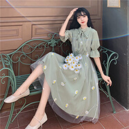未萱高三學(xué)生18嵗歲成人禮服少女連衣裙春秋長(cháng)袖初中高中生成年禮裙子 綠色短衣袖常規款[夏天穿搭女孩 L 均碼