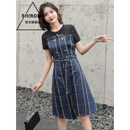 SHIROMA小紅書同款女裝格子拼接假兩件牛仔連衣裙女夏季新款韓版 M