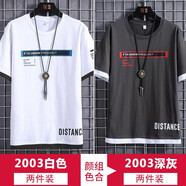 沼澤地短袖t恤男潮牌夏季男士T恤學(xué)生印花上衣圓領(lǐng)體恤港風(fēng)寬松半袖衣服 2003白色+2003深灰 XL
