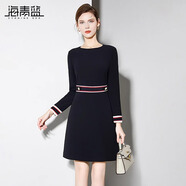 海青藍(lán)（CYANINE SEA）簡(jiǎn)約時(shí)尚洋氣拼接撞色連衣裙女2024秋季新款高級(jí)感收腰顯瘦裙子 深藍(lán)色 M