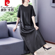 皮爾卡丹（pierre cardin）正宗香云紗裙子廣州十三行女裝重磅寬松大號真絲桑蠶絲連衣裙透氣 黑色 XL