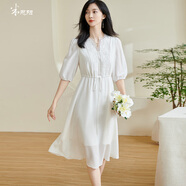 米思陽（missshine）2024秋季新款高端100%桑蠶絲連衣裙女氣質(zhì)刺繡裙子 米白色 L