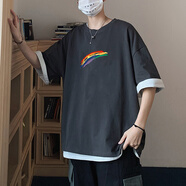 胖子特大碼230斤肥佬短袖T恤男圓領(lǐng)夏季裝加肥大碼潮流胖子彩虹印花半袖寬松韓版清新加肥加大碼潮牌 深灰色 5XL210至230斤可穿