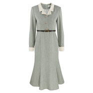 韓語(yǔ)琳空間法式氣質(zhì)連衣裙2024新款女春秋季設計感小眾收腰顯瘦長(cháng)袖魚(yú)尾裙子 灰綠 （連衣裙贈送腰帶） M