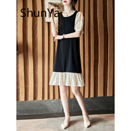 shunya 香港潮牌 雪紡連衣裙夏裝2022年新款女裝時(shí)尚寬松顯瘦撞色拼接泡泡袖中長(cháng)款波點(diǎn)裙子 黑色 L