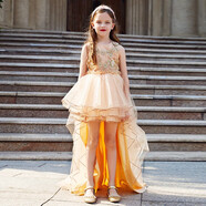 ELPA 女童公主裙禮服洋氣兒童高端禮服蓬蓬紗花童走秀主持鋼琴演出 金色蓬蓬裙 120