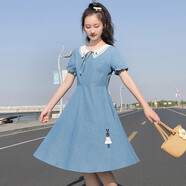 方糖姑娘少女連衣裙中學(xué)生牛仔裙大童夏裝新款初中生裙子高中生學(xué)院風(fēng)女裝 68107SC牛仔藍 L