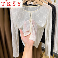 TKSY配吊帶裙的小外搭夏季連衣裙披肩蕾絲防曬開衫女短款冰絲罩衫 杏色 L