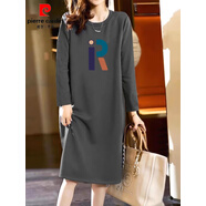 皮爾卡丹（pierre cardin）2025純棉長(zhǎng)袖長(zhǎng)裙寬松休閑過(guò)膝t恤裙簡(jiǎn)約中長(zhǎng)款連衣裙女顯瘦春秋 灰色長(zhǎng)袖(彩色R字母) 2XL 140-160斤