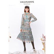 LULUALWAYS冬季法式氣質(zhì)拼接雪紡印連衣裙 綠色 S