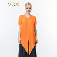 VOA真絲暗紋提花橙色V領(lǐng)短袖不對(duì)稱(chēng)釘珠壓褶燕尾下擺桑蠶絲T恤 BE679 快樂(lè)橙子（C02） M