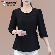 啄木鳥(niǎo)白色雪紡襯衫女夏季七分袖夏裝寬松休閑遮肚子襯衣上衣 黑色 S 建議80-95斤