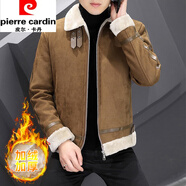 皮爾卡丹（pierre cardin）冬季鹿皮絨外套男短款皮毛一體加絨加厚羊羔毛翻領(lǐng)皮衣夾克機車(chē)服 棕色 2XL 145到160斤