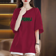 悅法婭純棉短袖t恤女2025夏季新款韓版寬松中長(cháng)款遮臀時(shí)尚百搭衣服女裝 酒紅色 2XL 【140-160斤】