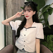 KAHTOP2025夏新款韓版短款顯瘦泡泡袖短袖女百搭T恤小眾設計感上衣NHS 白色 S 80-95斤