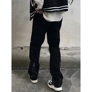 迪伽達美式褲子夏季男高街潮彈力黑色牛仔褲男女修身微喇顯瘦情侶褲子男 WKXS-K520黑色 XL【建議120-135斤】