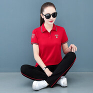 抹茶清歌 翻領(lǐng)運動(dòng)套裝女裝夏季短袖休閑套裝女大碼套裝兩件套潮P(pán)OLO領(lǐng)團體服定制女裝運動(dòng)服套裝跑步服 紅色 L【100-110斤左右】