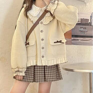 USCF初中生高中生大學(xué)生女裝秋裝套裝秋冬加絨日系軟妹小個(gè)子裝外套女 杏色外套-百褶裙-襯衫（三件套） S