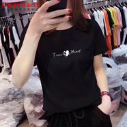 LOVER RUCCI歐洲站2025年新款歐貨潮白色t恤女ins短袖純棉寬松打底衫內(nèi)搭夏裝 220-20黑色 L 適合100-115斤