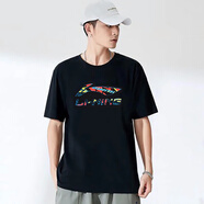 李寧 短袖T恤男款大LOGO休閑上衣寬松透氣短T半袖 黑色 L/175