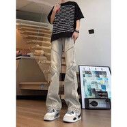 定原牛仔褲男春夏季新款美式vibe復(fù)古潮牌拼接修身顯瘦直筒微喇褲子男 黃泥色常規(guī) M【建議90-110斤】