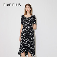 FivePlus碎花連衣裙女2024夏季新款女裝裙子法式泡泡袖A字裙方領(lǐng)裙子 黑色 S
