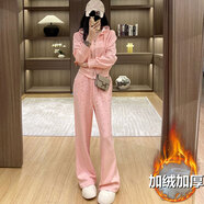 NPZ燙鉆運動(dòng)套裝女秋冬新款女裝韓版潮流百搭連帽條紋衛衣休閑兩件套 粉色 【加絨加厚】 2XL
