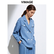 緯漫紀（VIMAGE）女裝春季新款復古時(shí)髦輕奢英倫風(fēng)純色襯衫外套女VA2109111 云青36 L