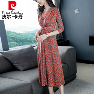 皮爾卡丹輕奢高檔女裝 高貴優(yōu)雅洋氣2021早春女裝新款連衣裙中長款度假宴會(huì)闊太太女士裙針織 986桔紅七分袖 M