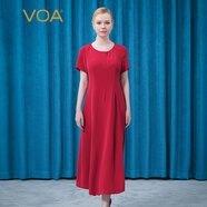 VOA30姆米重磅真絲圓領(lǐng)短袖釘珠不對稱褶皺宴會桑蠶絲連衣裙 AE903 紅葉情(H03) 2XL