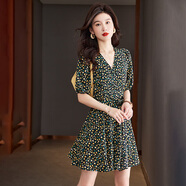 LISL AVE AV領(lǐng)碎花吊帶連衣裙無袖氣質(zhì)法式長裙收腰顯瘦打底裙通勤時尚女裝 黑色（3408） M