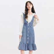 樂(lè )町牛仔雙色收腰背帶裙秋季新款早秋女小個(gè)子設計氣質(zhì)連衣裙 牛仔藍（現貨3） L 165