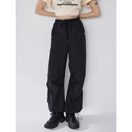 BASIC HOUSE/百家好運(yùn)動(dòng)休閑闊腿褲女2024夏季新款輕薄顯高束腳傘兵工裝褲女 黑色 S