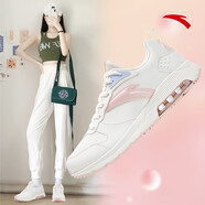 安踏運動(dòng)鞋休閑女鞋2022夏季女士皮網(wǎng)面防水跑步減震氣墊鞋 【皮面】象牙白/嬰兒粉-3 6.5/37.5