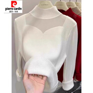 皮爾卡丹（pierre cardin）加絨加厚半高領(lǐng)毛衣女秋冬新款內(nèi)搭一體絨蕾絲紗網(wǎng)針織打底衫上衣 白色  均碼 建議75到135斤