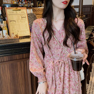 妤遇（YUUZYUUS）品牌女裝碎花長(cháng)袖連衣裙女2026年春秋新款雪紡休閑韓版v領(lǐng)中長(cháng)裙 粉色 M