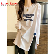 LOVER RUCCI秋季設計感長(cháng)袖t恤女中長(cháng)款小衫寬松內搭打底衫鯊魚(yú)褲上衣搭配 潮 MDEWIN-白色 M 【95-110斤】