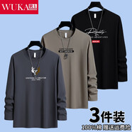 霧卡【純棉3件裝】長(cháng)袖T恤男秋衣男新款休閑裝韓版青年衛衣男打底衫 小鹿角鐵灰+EXP卡其+大R黑 2XL建議150-165斤