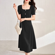 尚都比拉短袖連衣裙女夏季復古赫本風(fēng)氣質(zhì)通勤裙子中長(cháng)款A字裙 雅黑色 XL
