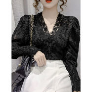 尹振天蕾絲衫女新款秋冬季洋氣內搭上衣小衫V領(lǐng)性感早春打底衫女潮 黑色加絨 【秋冬款】 S 建議【78-98斤】