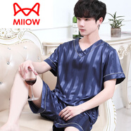 貓人（MiiOW）男士睡衣夏季夏款絲綢真絲家居服短袖短褲夏天可外穿男款大碼套裝 SC男款雙短V領(lǐng)藏青XY寬條 2XL (150-170斤)