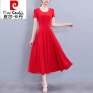 皮爾卡丹（pierre cardin）紅色長(cháng)款大擺雪紡連衣裙女夏季2025新款收腰顯瘦淑女時(shí)尚減齡裙子 紅色 M