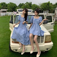 索宛亦（SUOWANYI）夏季2021新款韓版洋氣方領(lǐng)泡泡袖白色連衣裙女小個(gè)子閨蜜裝初戀 藍色(短)款 S