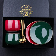 布丁瓷藝咖啡杯碟套裝陶瓷馬克杯下午茶杯子情侶一對杯生日禮物送男女友 淑女款-紅墨綠對杯-禮盒裝 0個(gè) 0ml