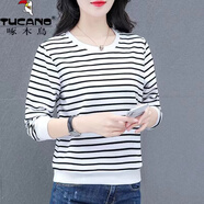 啄木鳥(niǎo)長(zhǎng)袖t恤女上衣T恤女保暖2025新款年春季條紋中年春裝洋氣上衣時(shí)尚 黑色 4XL _【建議155-175斤】