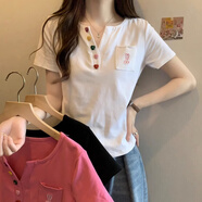 妃麗慕尚大碼微胖V領(lǐng)正肩短袖T恤女2025夏季新款胖mm寬松短款顯瘦遮肉上衣 白色 L 建議100-120斤