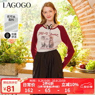 LAGOGO【抗菌】美式撞色插肩袖T恤女拉谷谷春季新款修身印花上衣 紅灰(HR) M