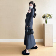 婧麒（JOYNCLEON）孕婦裝秋冬新款長(cháng)袖針織連衣裙女遮肚子顯瘦中長(cháng)款孕婦裙 深灰 M